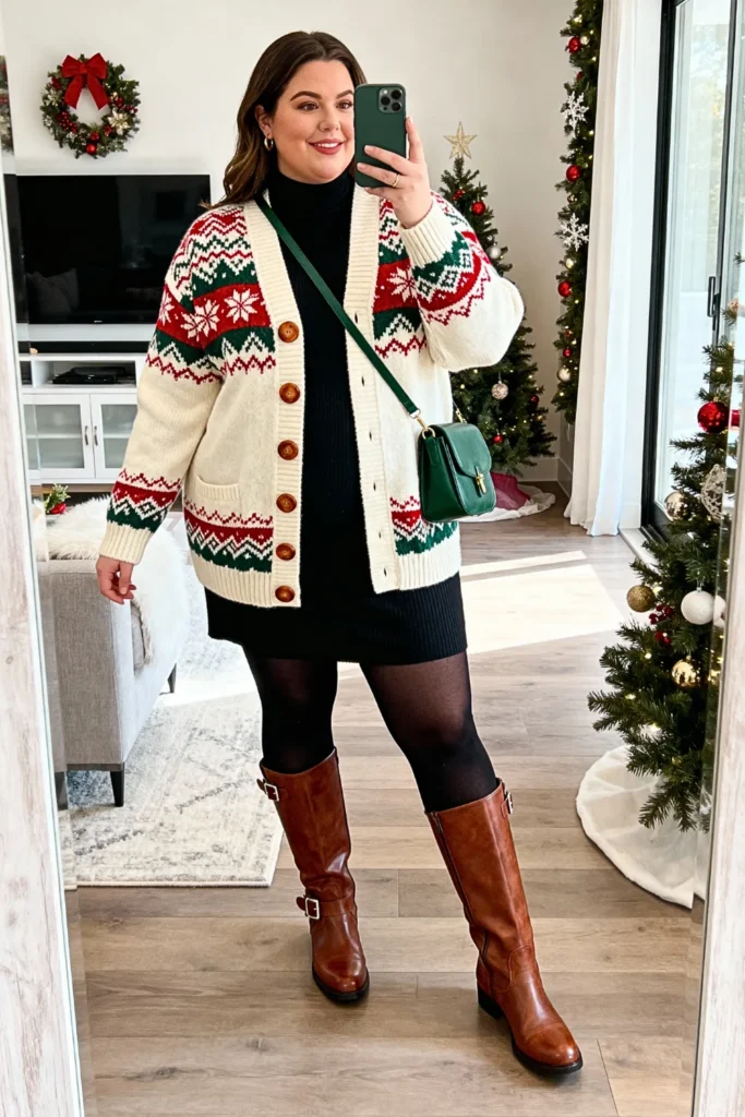 Plus Size Fair Isle Cardigan with Turtleneck Dress Outfit