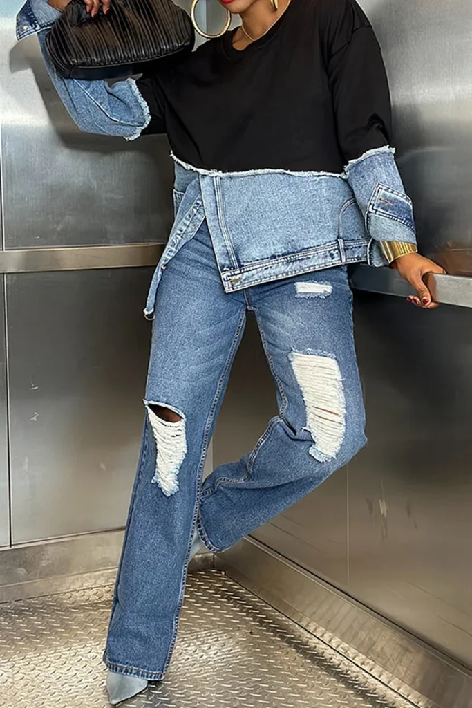 Plus Size Grunge Contrast Split Denim Sweatshirt