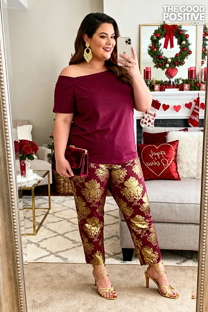 Plus Size Jacquard Pants With Off-Shoulder Top Outfit