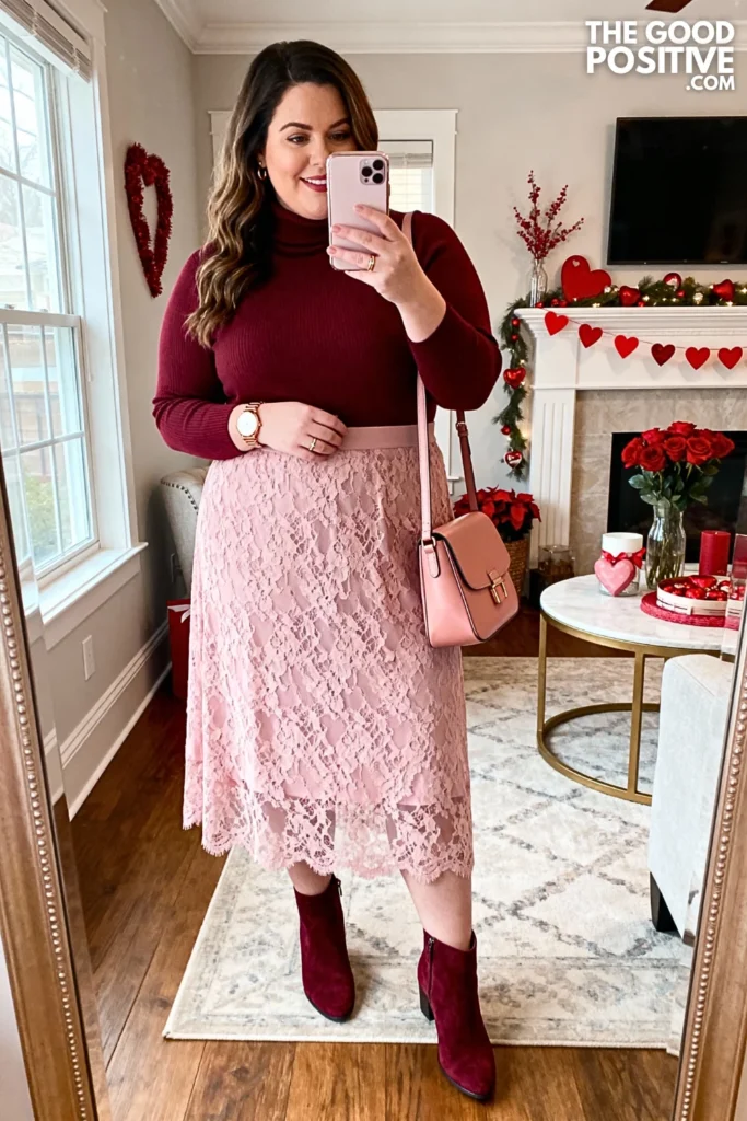 Plus Size Lace Midi Skirt With Turtleneck Outfit