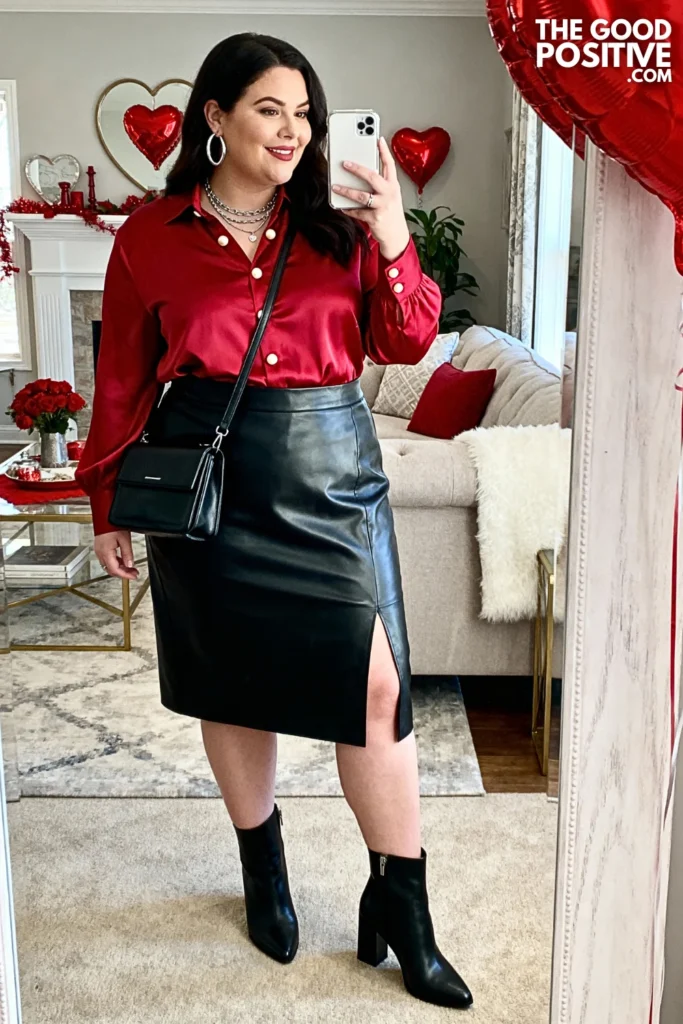 Plus Size Leather Pencil Skirt With Silk Blouse Outfit