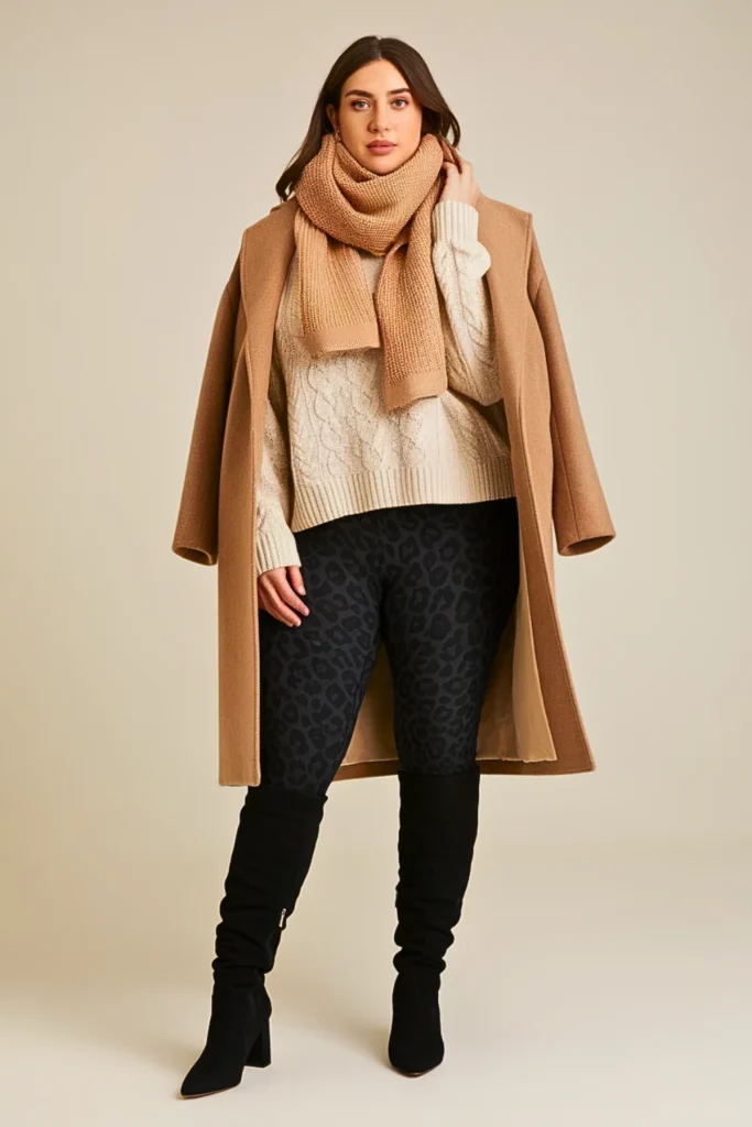 Plus Size Leopard Print Black Leggings with Oversized Sweater Outfit