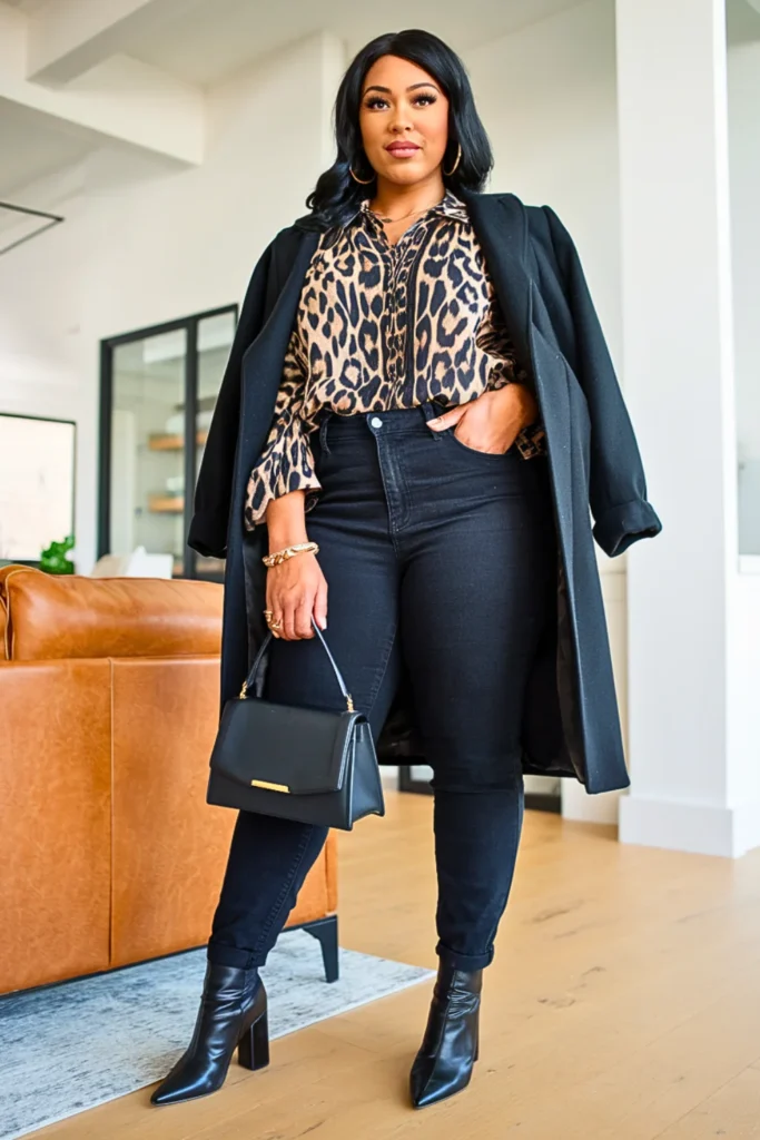Plus Size Leopard Print Top with Black Jeans Winter Outfit