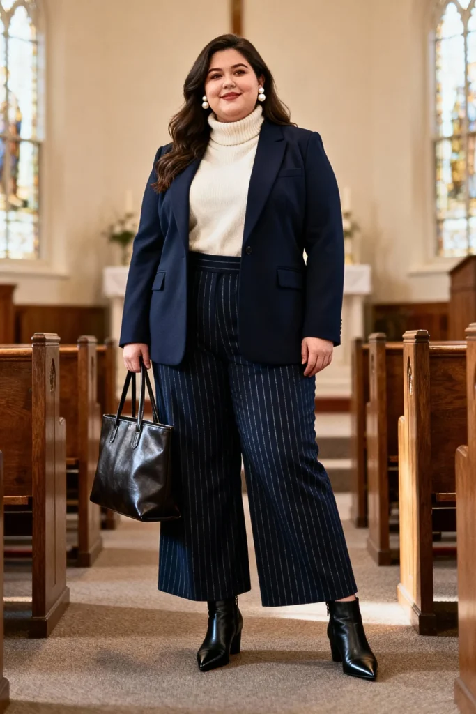 Plus Size Navy Blazer and Wide Leg Trousers Outfit