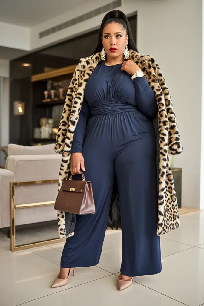 Plus Size Navy Jumpsuit with Statement Coat Winter Outfit
