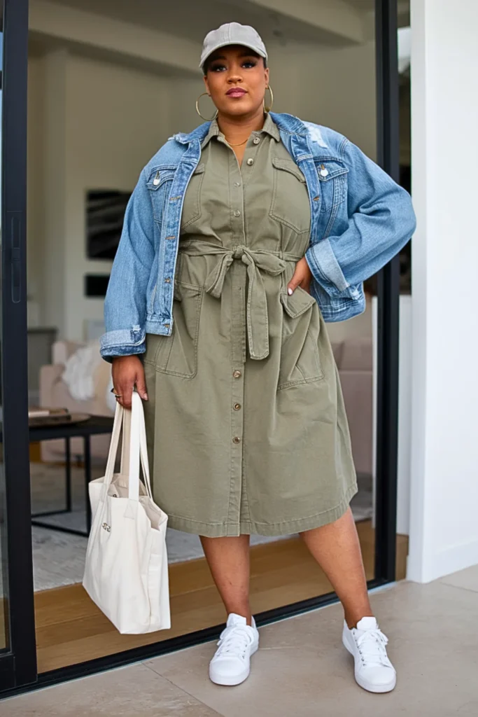 Plus Size Olive Green Utility Dress with Sneakers Winter Outfit