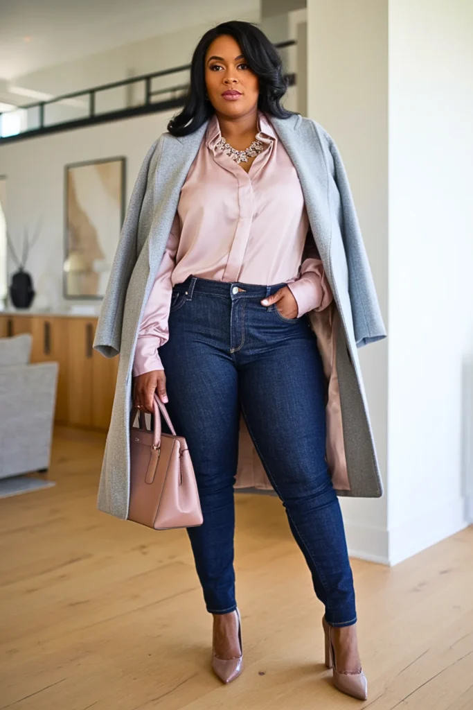 Plus Size Pink Blouse with Dark Wash Skinny Jeans Winter Outfit