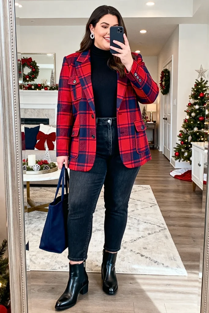 Plus Size Plaid Blazer with Turtleneck and Jeans Outfit