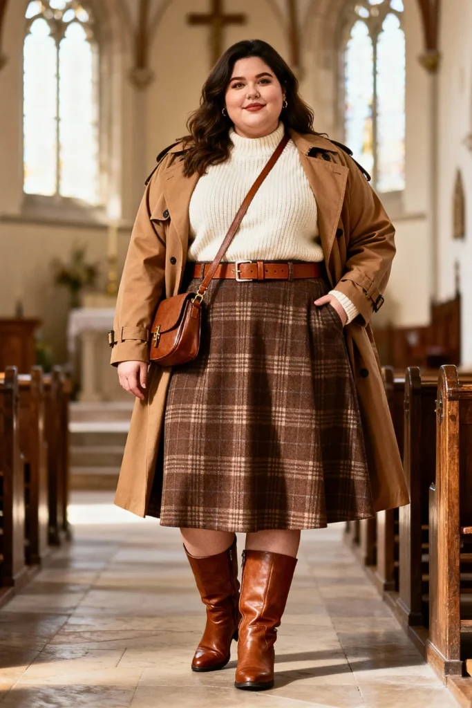 Plus Size Plaid Midi Skirt and Cashmere Sweater Outfit