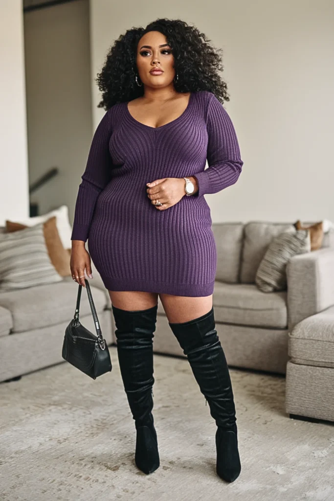 Plus Size Purple Sweater Dress with Over The Knee Boots Winter Outfit