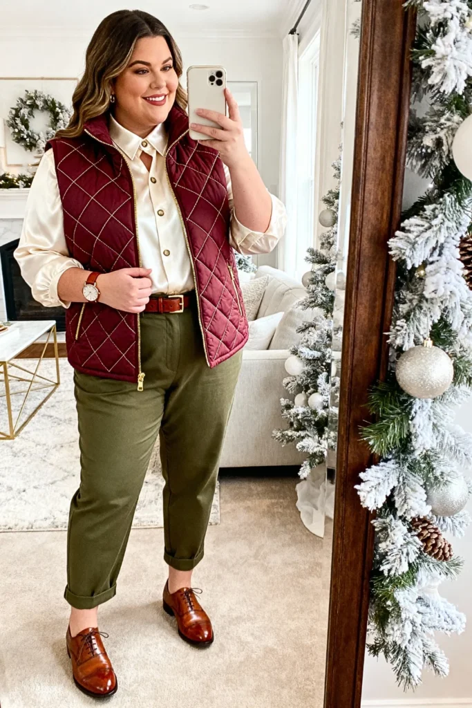 Plus Size Quilted Vest with Silk Shirt Outfit