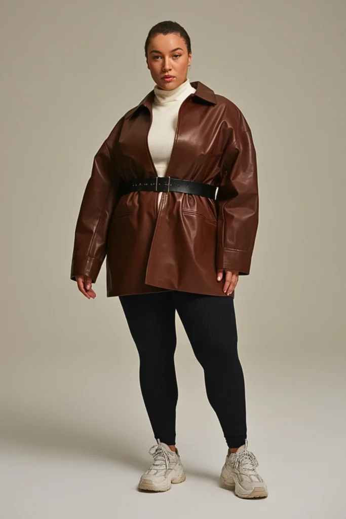 Plus Size Ribbed Black Leggings with Oversized Leather Jacket Outfit