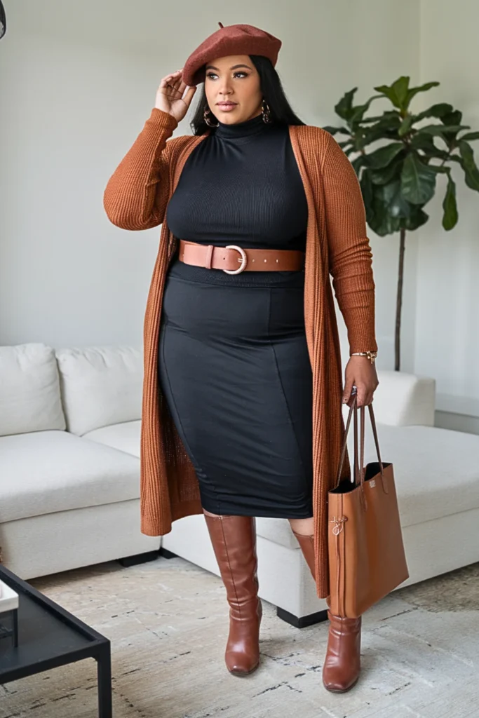 Plus Size Rust Orange Cardigan with Black Midi Skirt Winter Outfit
