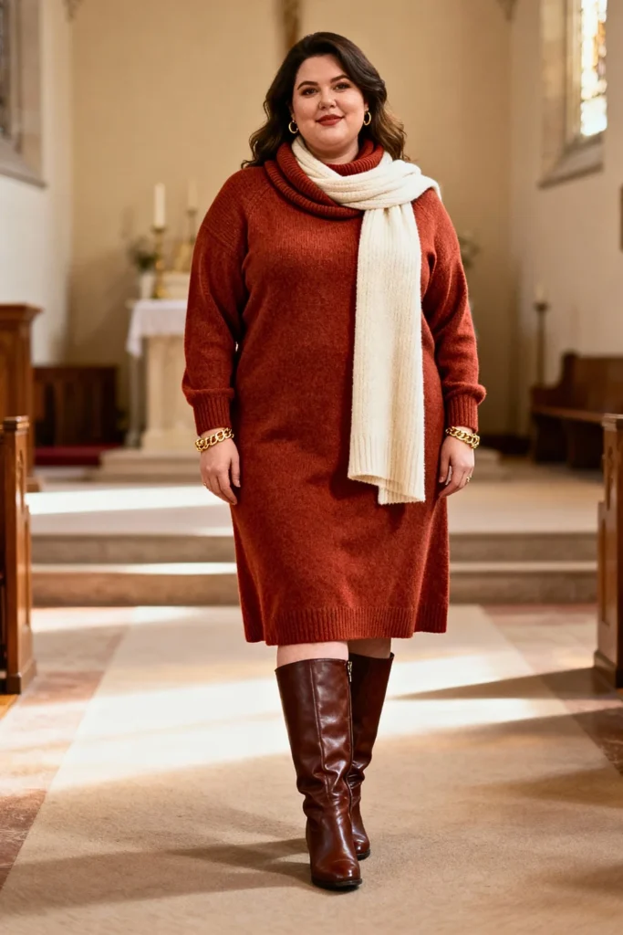 Plus Size Rust Sweater Dress with Tall Boots Outfit
