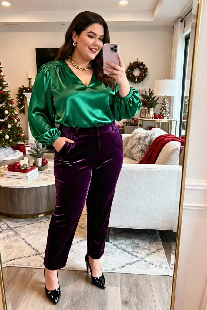 Plus Size Satin Blouse with Velvet Pants Outfit