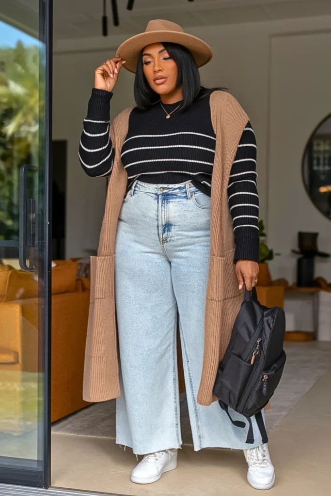 Plus Size Striped Sweater with Wide Leg Jeans Winter Outfit