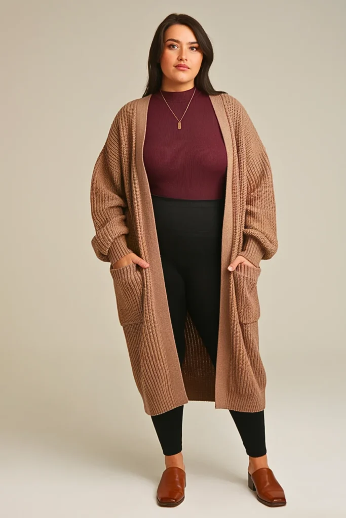 Plus Size Thermal Black Leggings with Maxi Cardigan Outfit