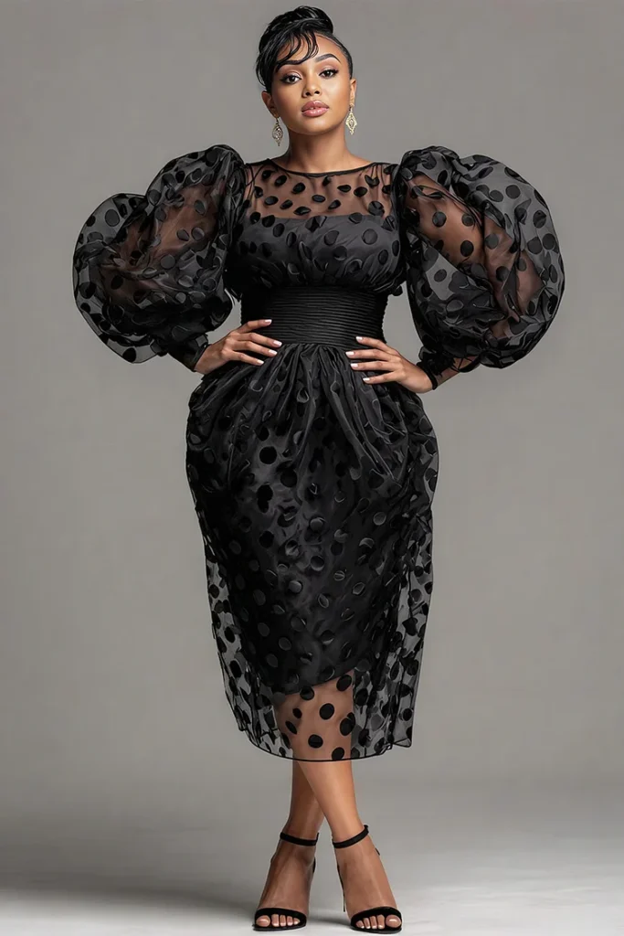 Plus Size Valentines Black Polka Dot Round Neck Puff Sleeve Long Sleeve See Through Elegant Tulle Midi Dress