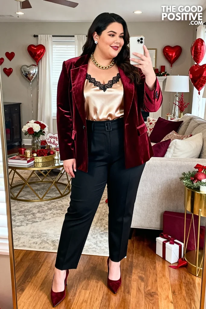 Plus Size Velvet Blazer With Satin Camisole Outfit