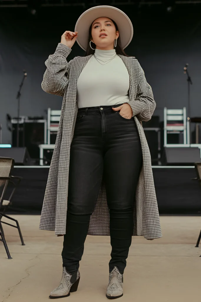 Plus Size Winter Country Concert Black Jeans With White Turtleneck Outfit