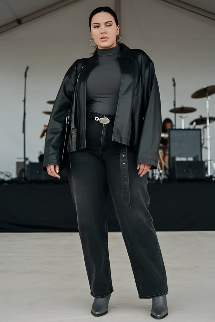 Plus Size Winter Country Concert Black Leather Jacket with Dark Wash Jeans Outfit