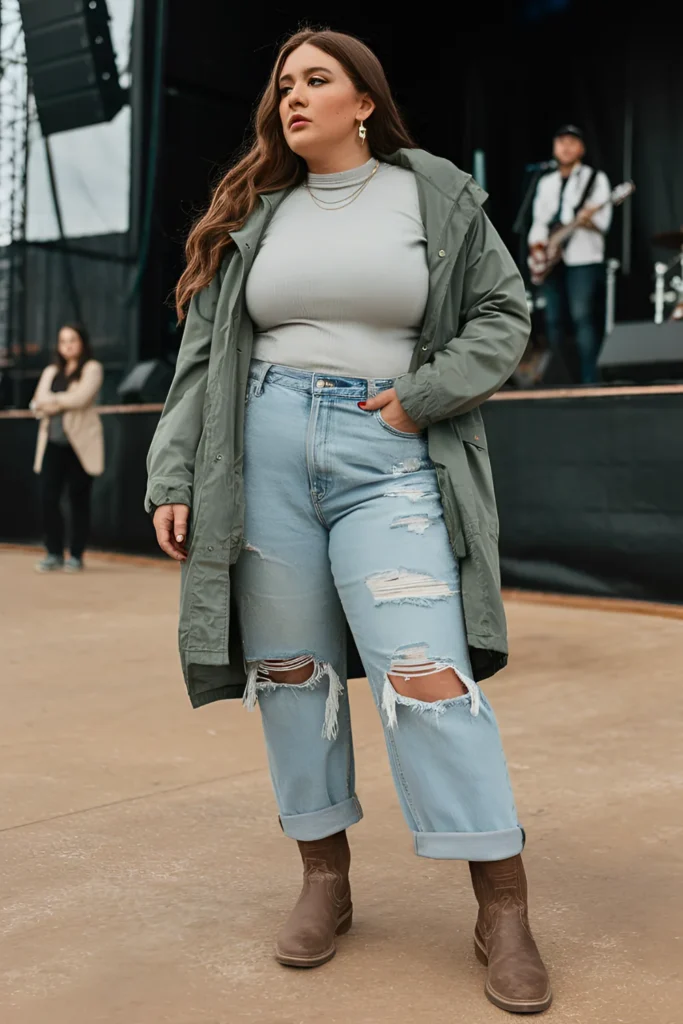 Plus Size Winter Country Concert Bold Layers With Parka Outfit