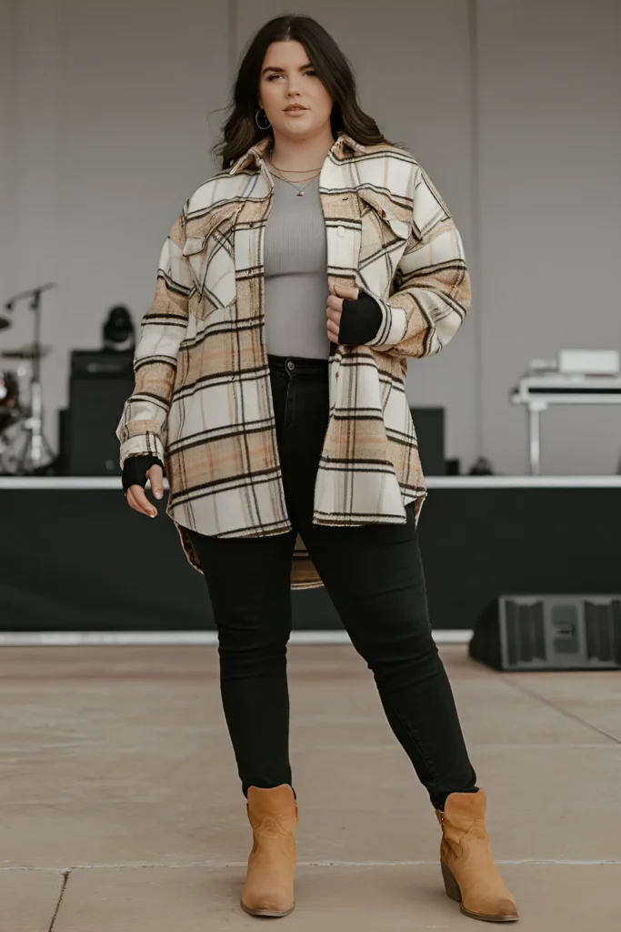 Plus Size Winter Country Concert Checked Shacket with Skinny Jeans Outfit