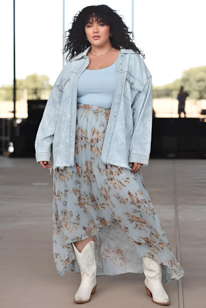 Plus Size Winter Country Concert Denim Jacket with a Floral Maxi Skirt Outfit