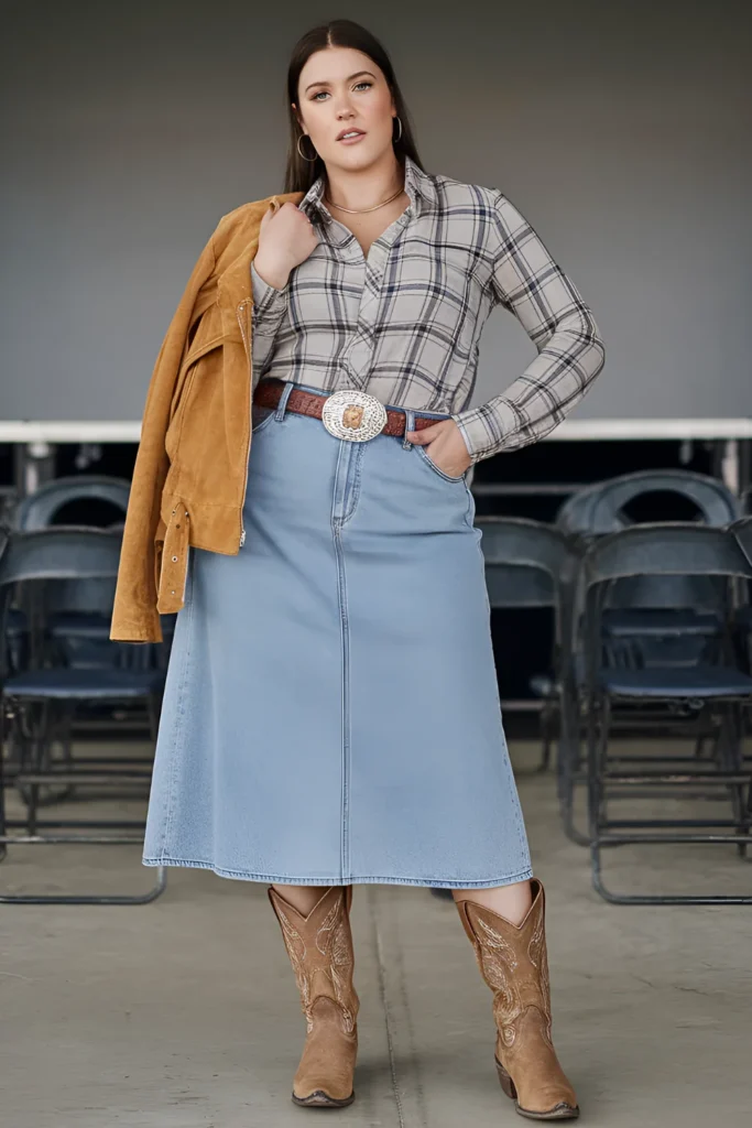 Plus Size Winter Country Concert Denim Skirt With Plaid Shirt Outfit