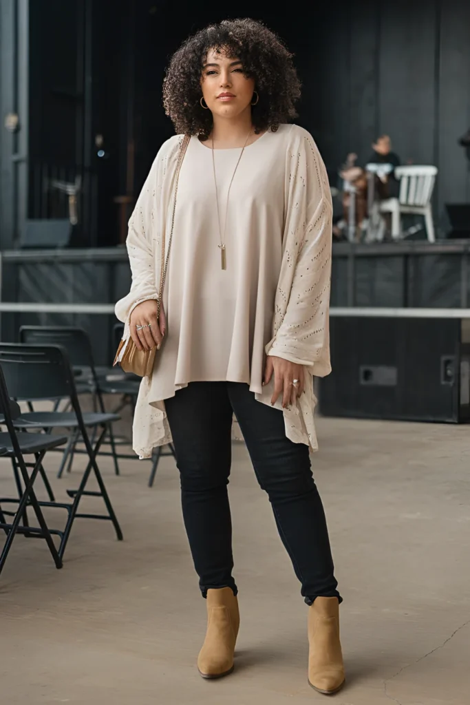 Plus Size Winter Country Concert Flowy Tunic Top With Dark Skinny Jeans Outfit