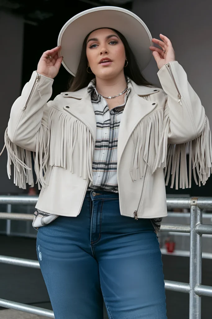 Plus Size Winter Country Concert Fringe Jacket with Bootcut Jeans Outfit