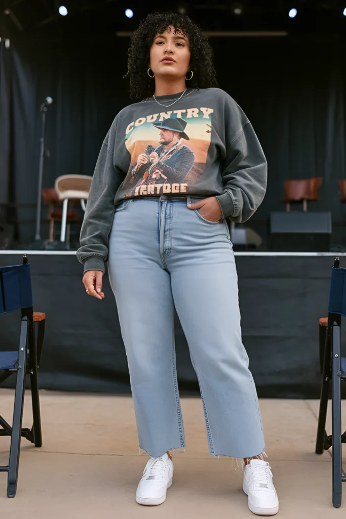 Plus Size Winter Country Concert Graphic Sweatshirt and High-Waisted Jeans Outfit