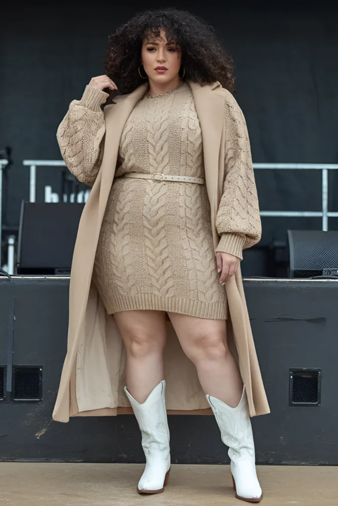 Plus Size Winter Country Concert Knitted Dress with Cowboy Boots Outfit