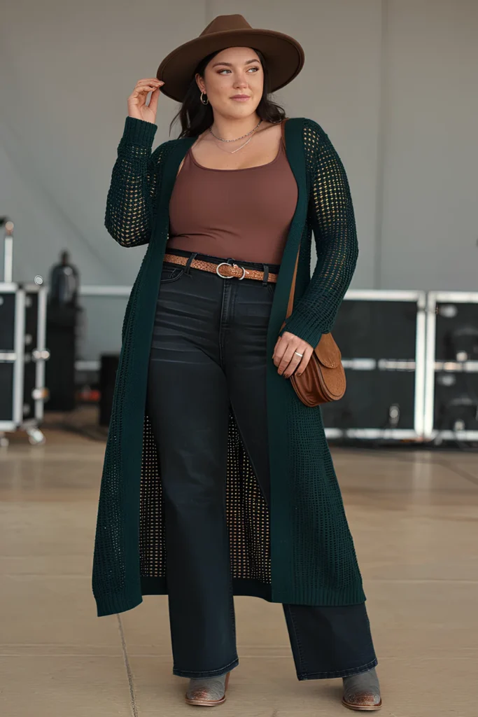 Plus Size Winter Country Concert Long Cardigan Outfit