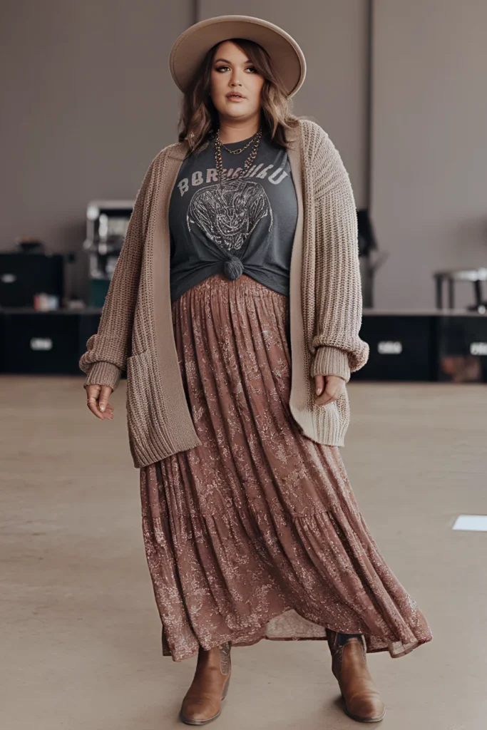 Plus Size Winter Country Concert Maxi Skirt With Graphic Tee Outfit