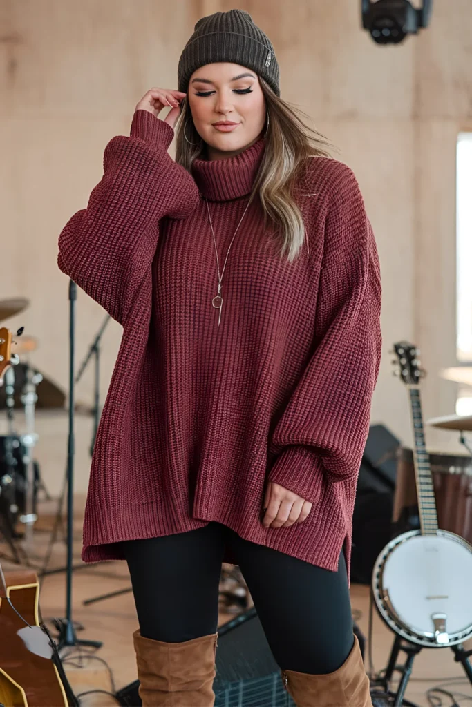 Plus Size Winter Country Concert Oversized Sweater and Leggings with Boots Outfit