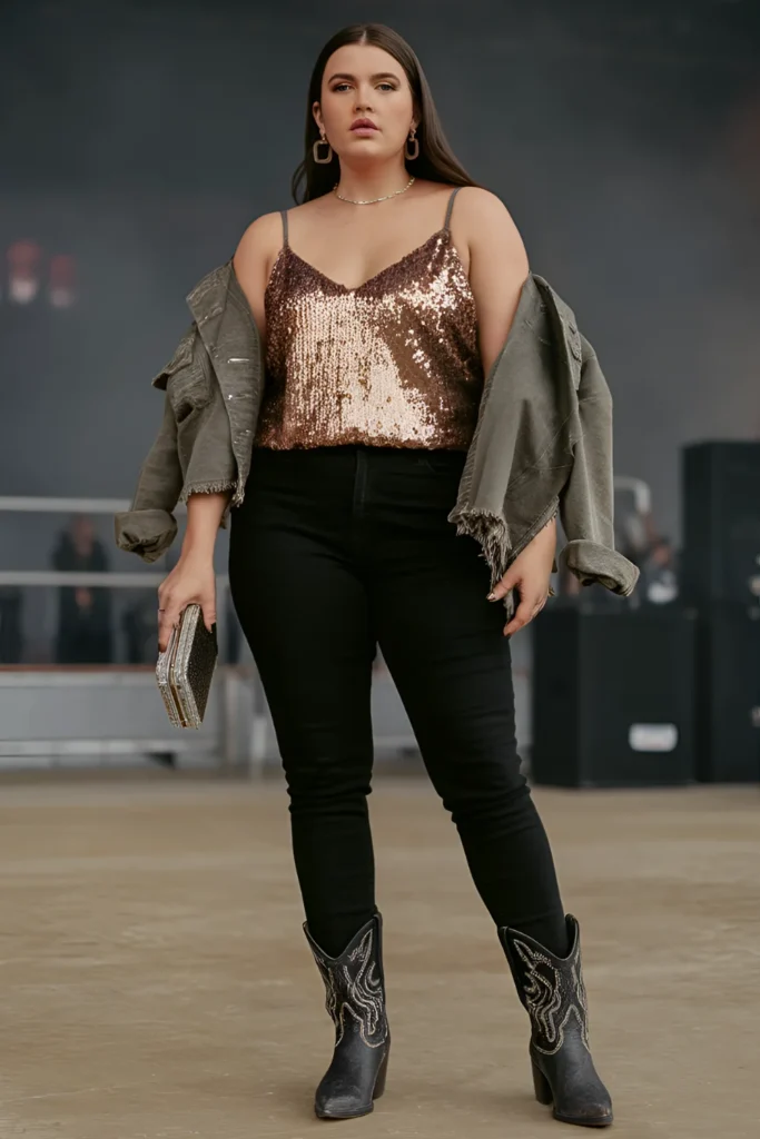 Plus Size Winter Country Concert Sequin Top with Black Jeans Outfit