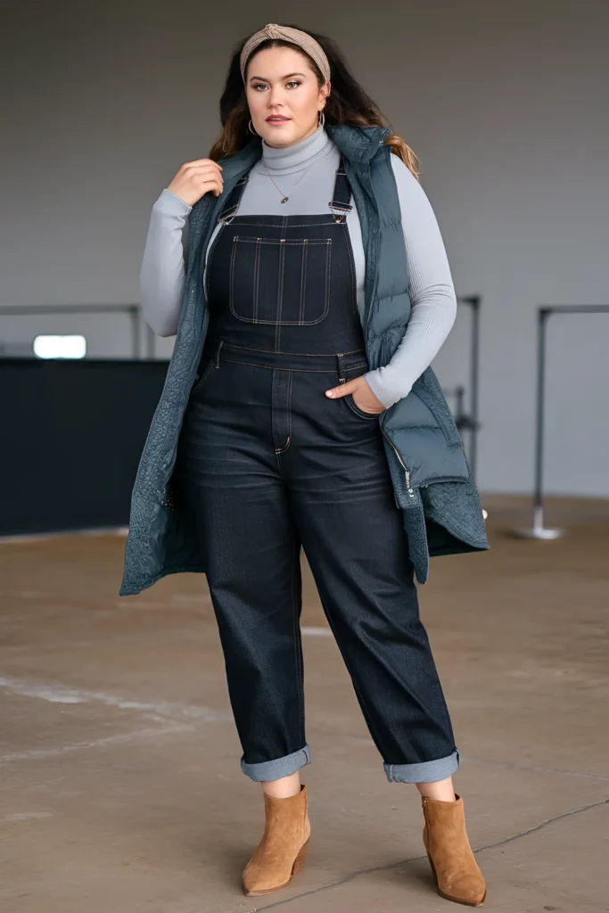 Plus Size Winter Country Concert Turtleneck with Overalls Outfit