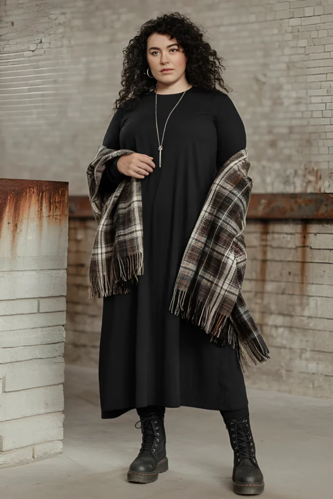 Winter Plus Grunge Black Dress with Plaid Scarf Outfit