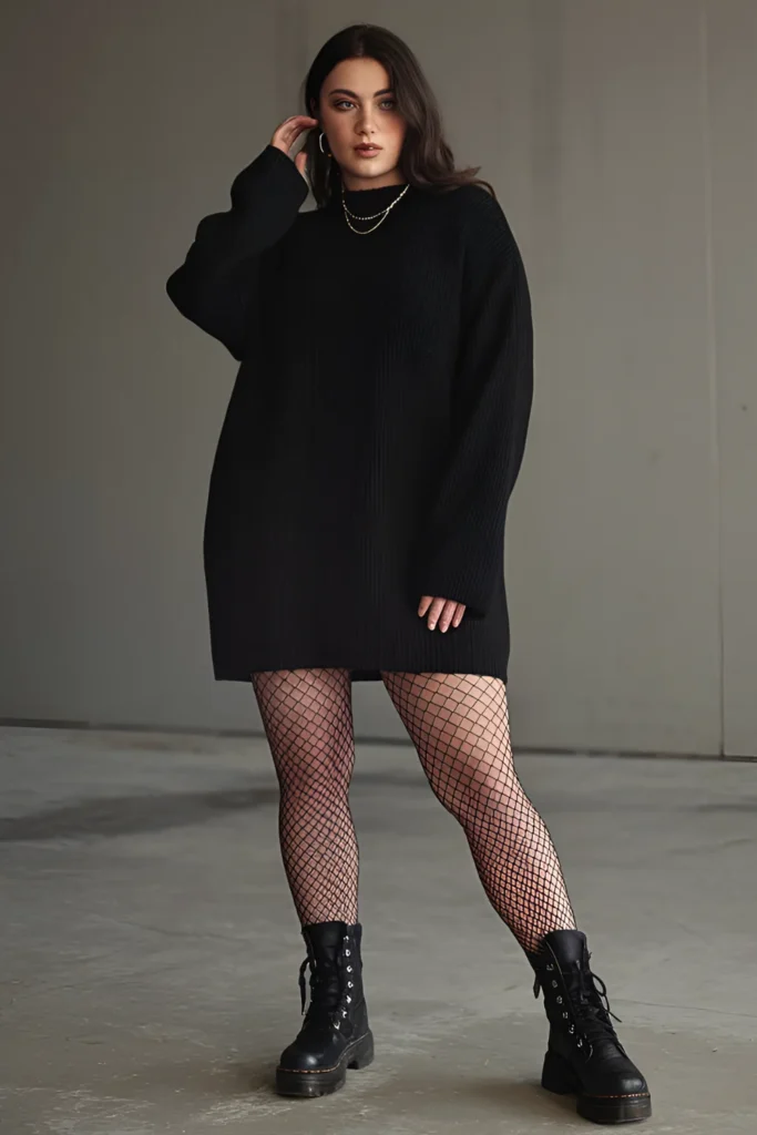 Winter Plus Grunge Black Sweater Dress And Fishnets Outfit