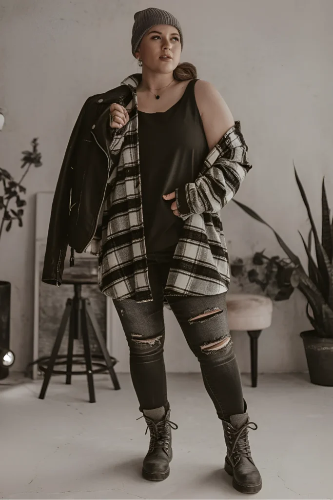 Winter Plus Grunge Chunky Plaid Flannel With Loose Black Tank Outfit