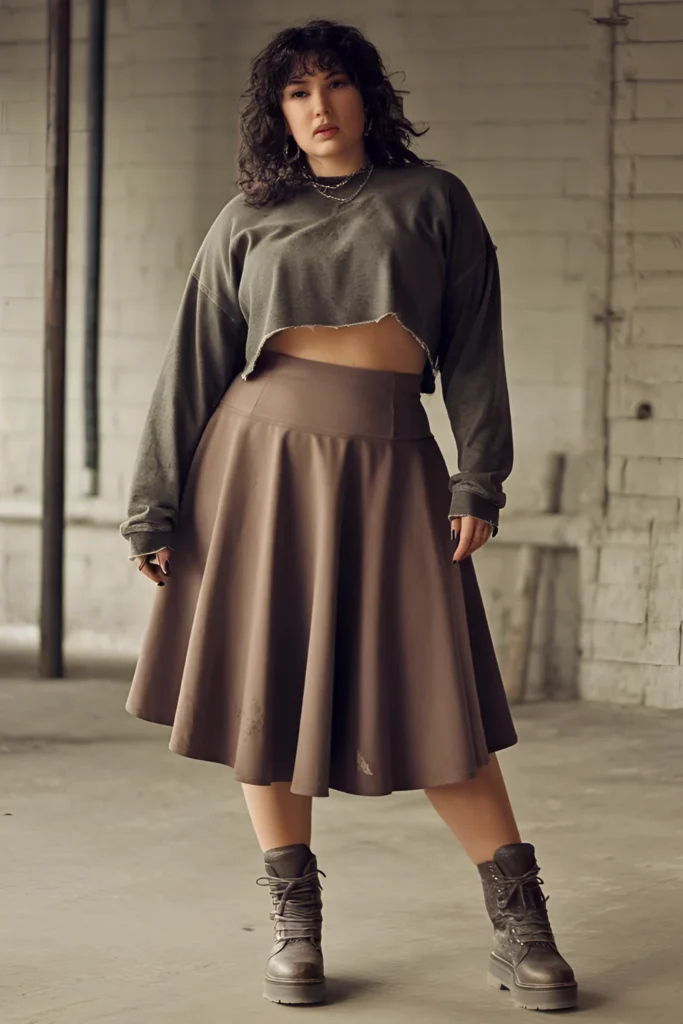 Winter Plus Grunge Cropped Sweater with Skater Skirt Outfit