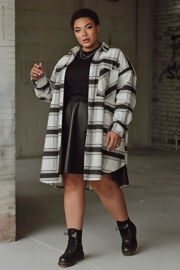 Winter Plus Grunge Flannel Shirt Dress with Skater skirt Outfit