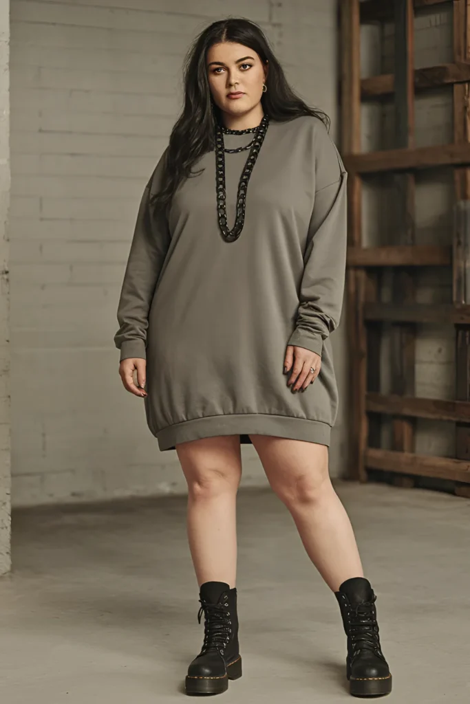 Winter Plus Grunge Hoodie Dress with Chunky Boots Outfit