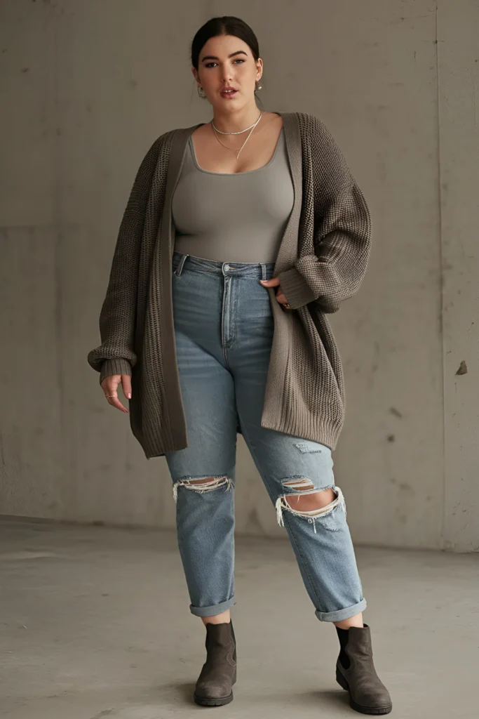 Winter Plus Grunge Long Cardigan with High-Waisted Jeans Outfit