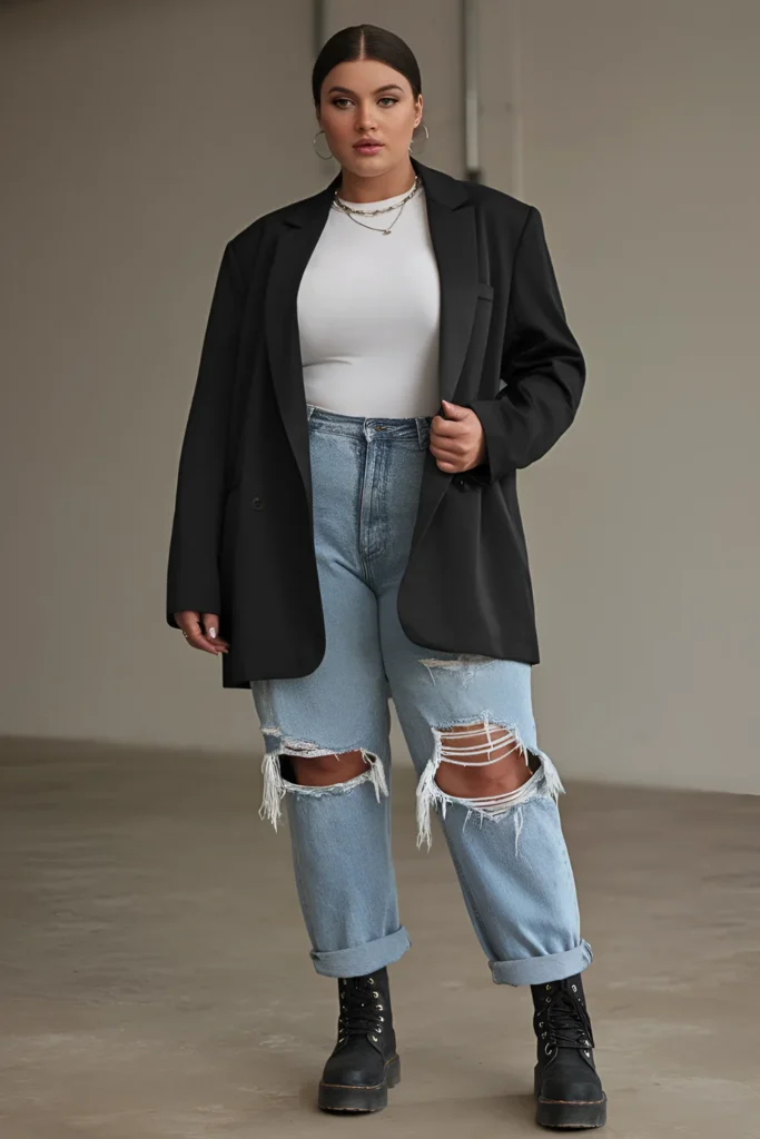 Winter Plus Grunge Oversized Blazer with Ripped Jeans Outfit