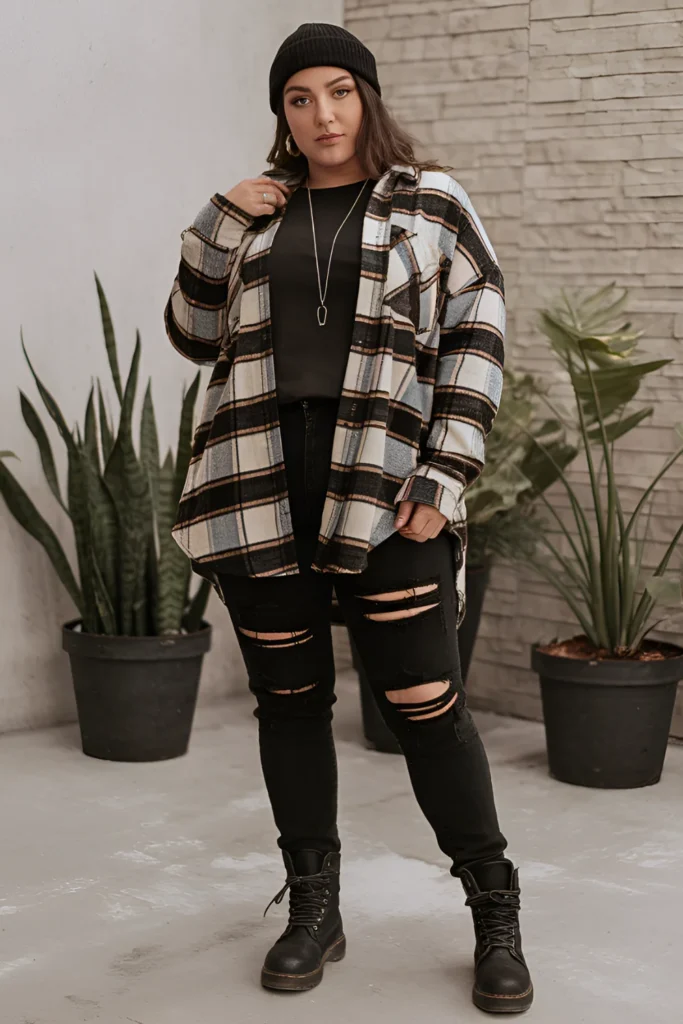 Winter Plus Grunge Oversized Flannel with Ripped Jeans Outfit