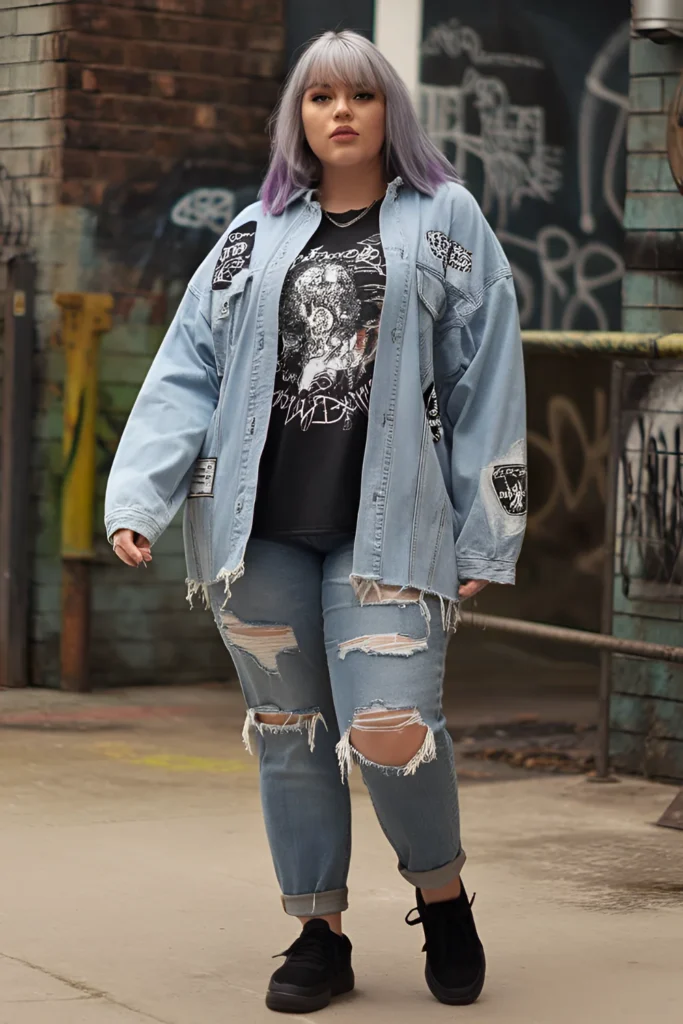 Winter Plus Grunge Plaid Skirt, Band Tee, and Denim Jacket Outfit