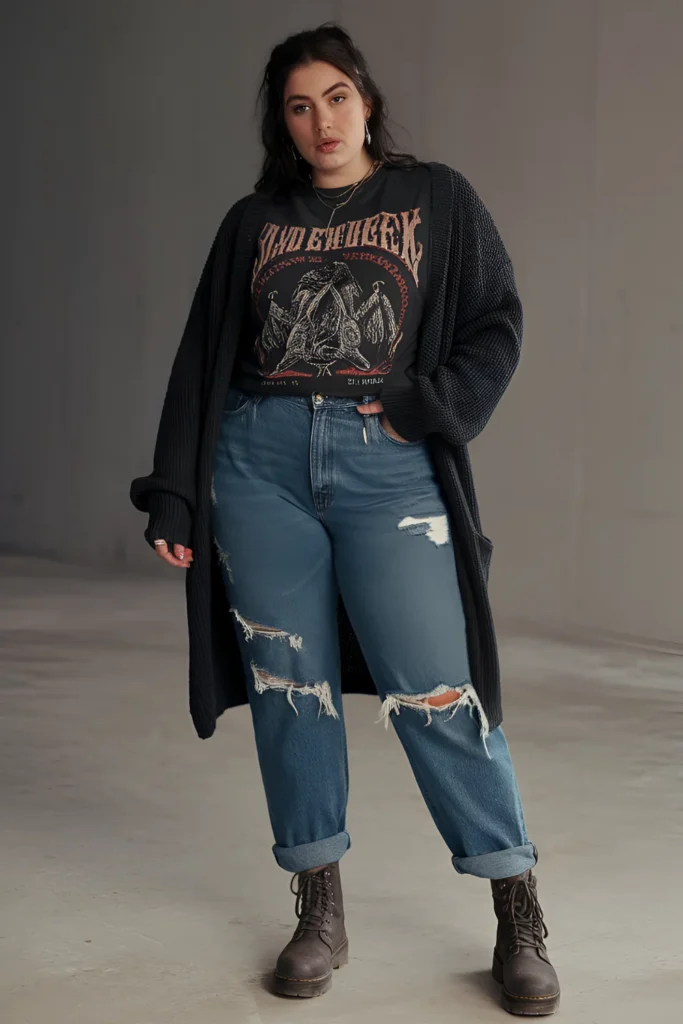 Winter Plus Grunge Torn Denim with Dark Graphic Tee Outfit