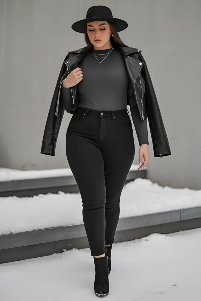 Winter Plus Size Black Skinny Jeans, Fitted Long-sleeve, Cropped Leather Jacket Baddie Outfit